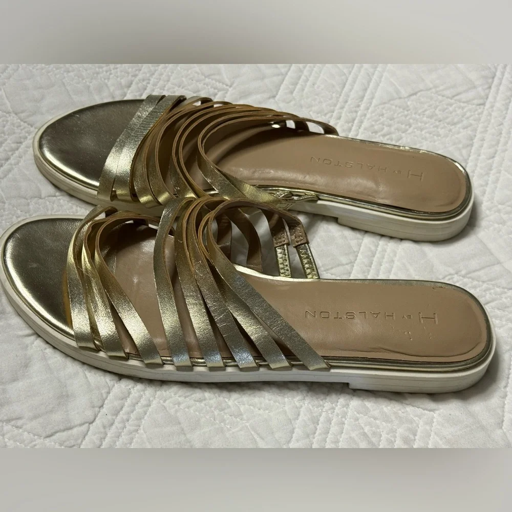Halston Heritage Cora Gold Sandals Size 6.5 Metallic Strappy Glam